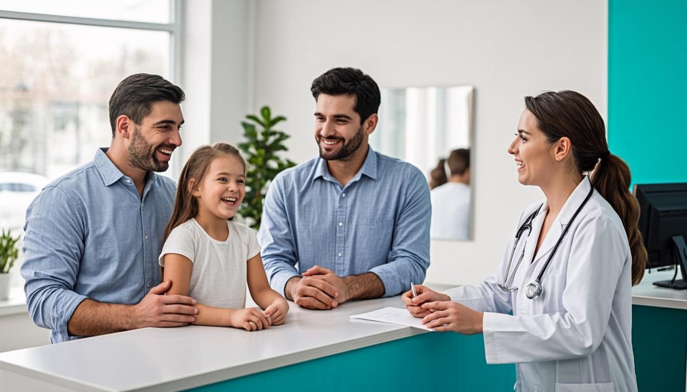 Familia hispana conversando con una doctora en la recepción de Total Care Family Practice en el Bronx
